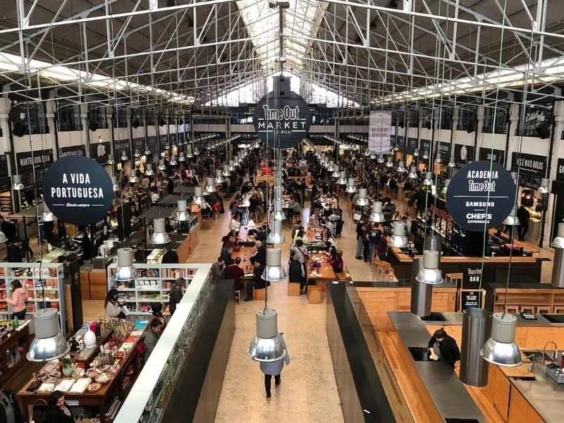 large covered market hall with tables of people eating