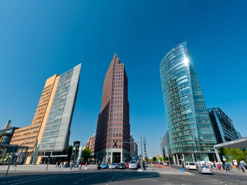 modern glass and concrete buildings in Berlin