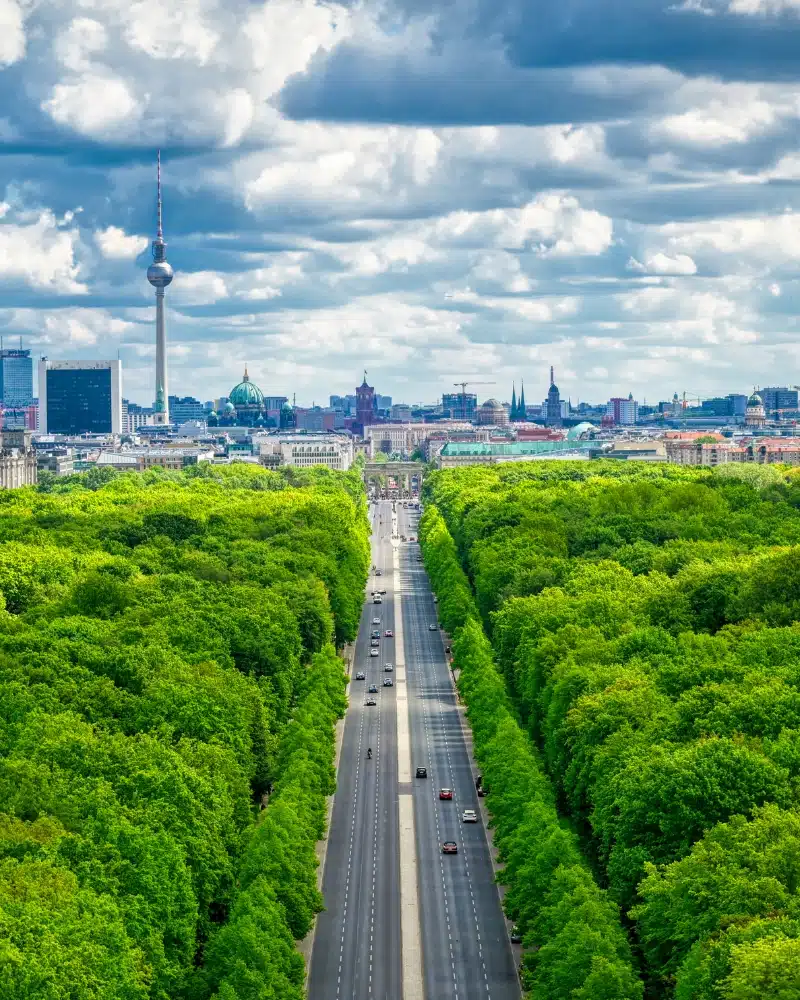 An aerial view of the Tiergarten and Berlin, Germany from the Victory Column on a sunny day.