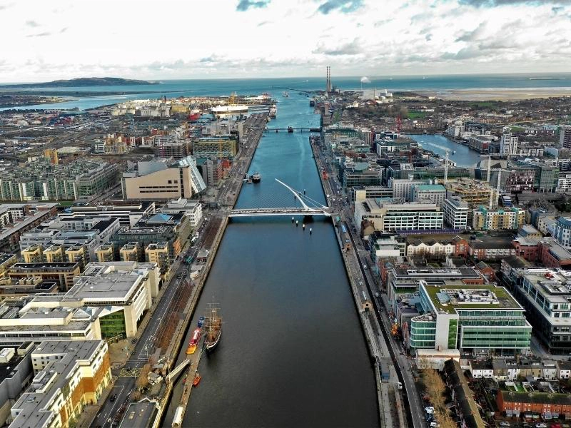 Dublin skyline over the River Liffey to the Port of Dublin and Irish Sea