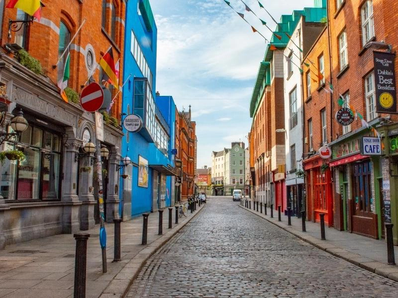 colorful bualdings on a cobbled street in Dublin