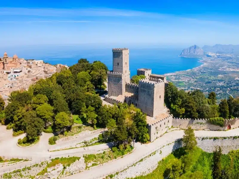 The Balio Towers or Torri del Balio aerial panoramic view, it is a medieval fortress in Erice. Erice is a medieval town located near Trapani city in Sicily, Italy.