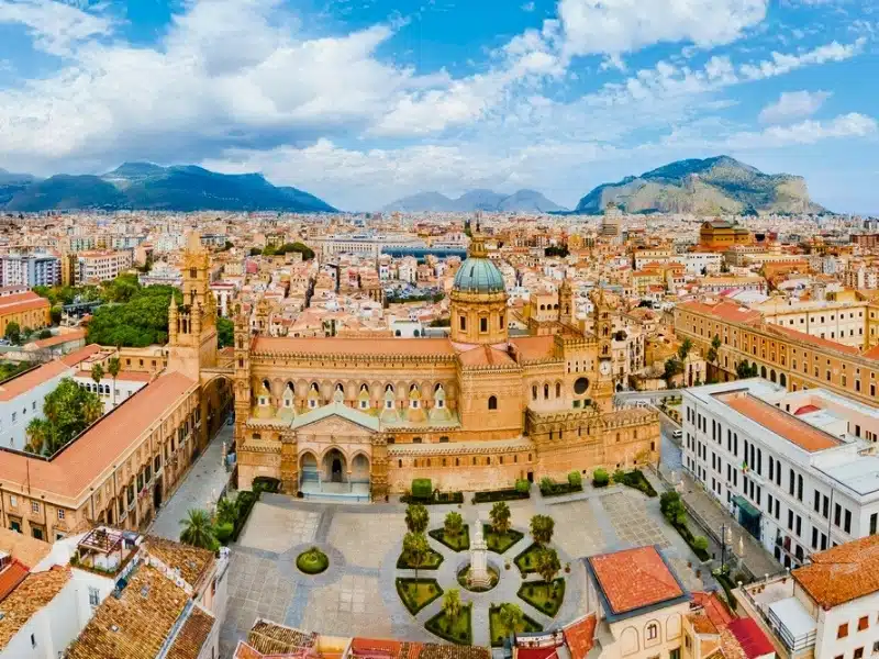 Palermo Cathedral or Duomo aerial panoramic view in Palermo. Palermo is the capital of Sicily island, Italy.