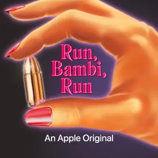 A purple ombre background, with a close up of a woman's hand with red fingernails holding a bullet between her thumb & forefinger, it says the words Run Bambi, Run