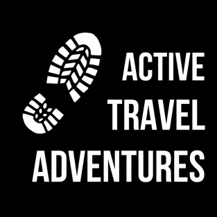 A black square with a white boot print and the words ACTIVE TRAVEL ADVENTURES