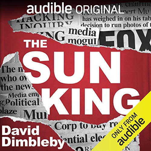 A red background with parts of ripped newspaper pages surrounds the words The Sun King.