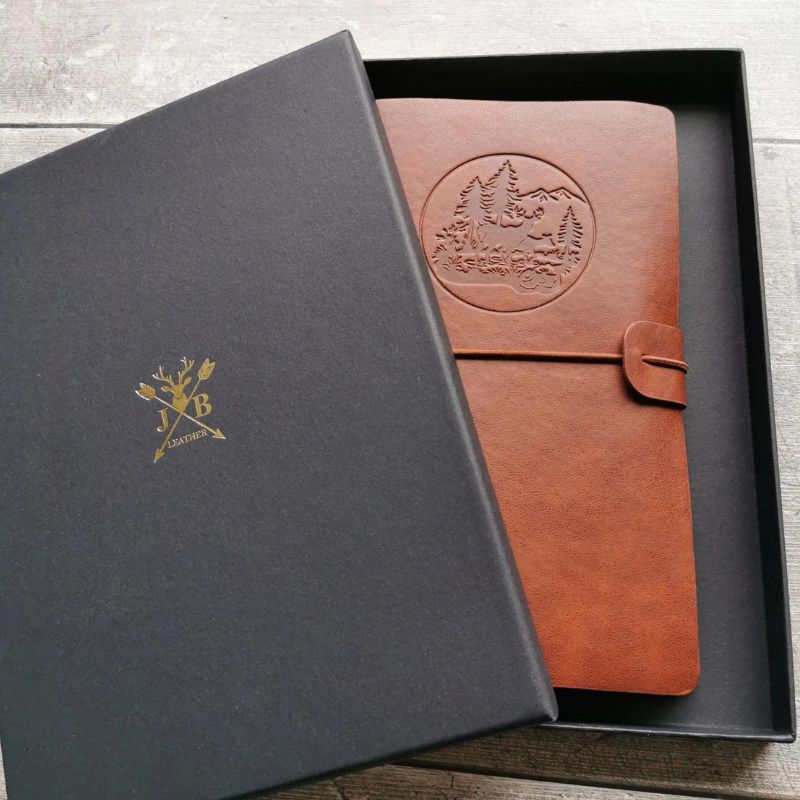 An image of a brown faux leather A5 journal in a black gift box