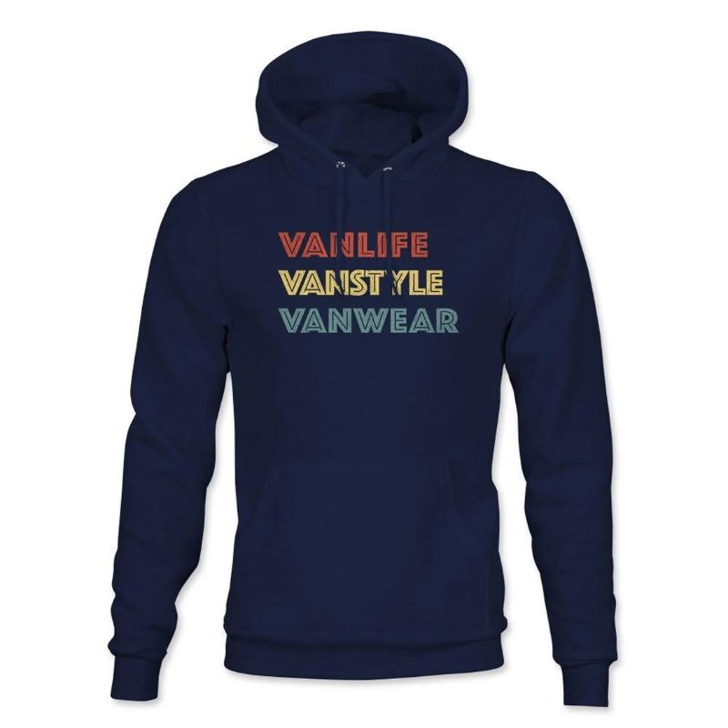 A navy blue hoodie with the wording VANLIFE in RED, VANSTYLE in YELLOW & VANWEAR in teal.