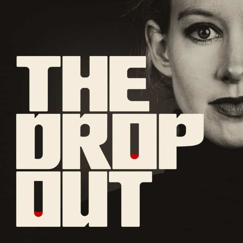 A black background with a half image of a women's face on the right side.  The words The Drop Out in cream are written on the left side.