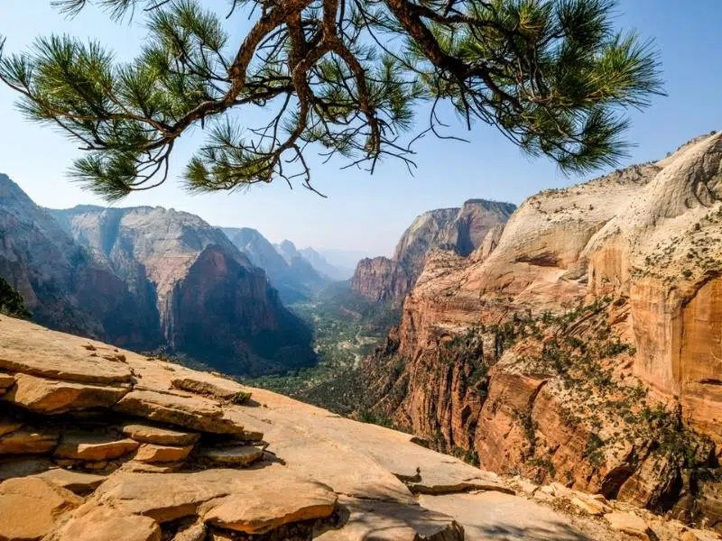 Huge cliffs and sheer rock structures around a valley in an American national park