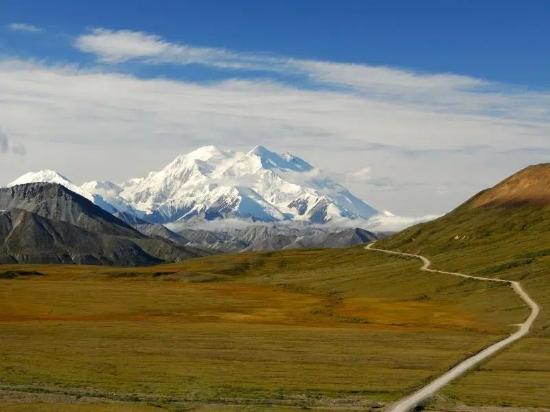 A road through a grassed meadow area with now covered mountains in the background