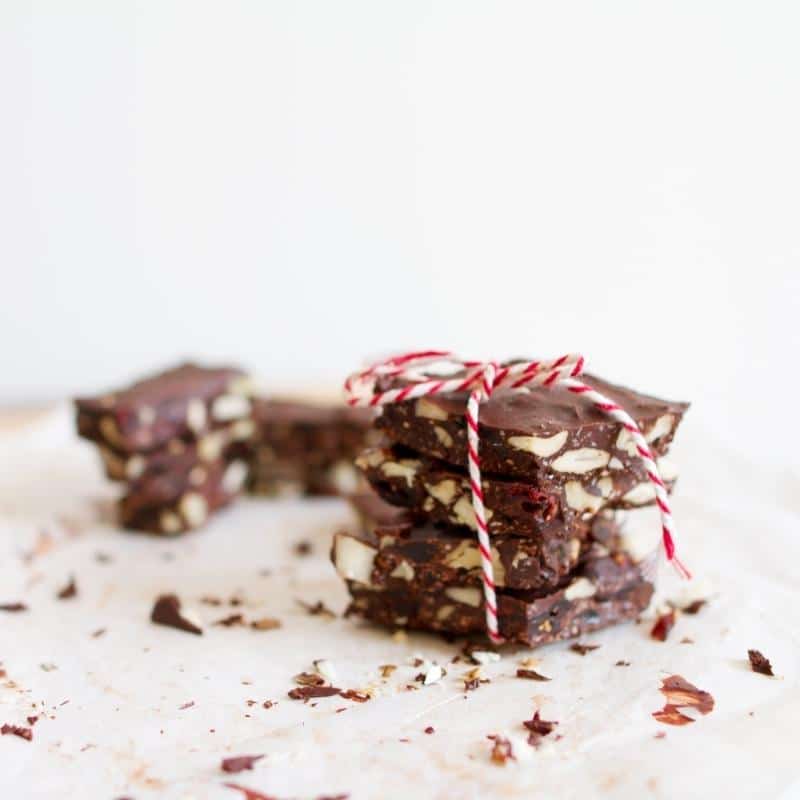 An image of rocky road biscuits tied together with red and white string