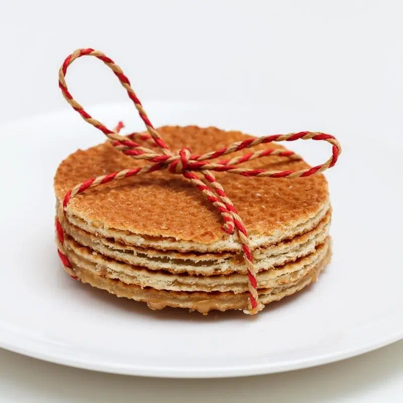 An image of 4 caramel waffles, on a white plate tied together with red & white string.