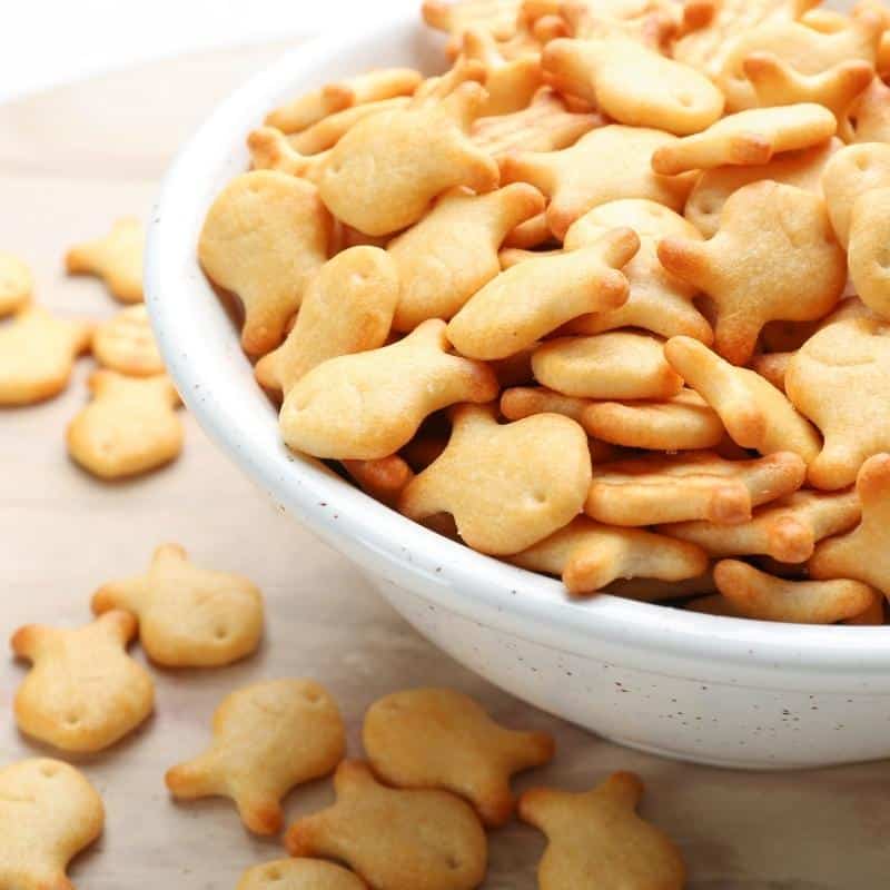 A bowl full of goldfish cheddar crackers.