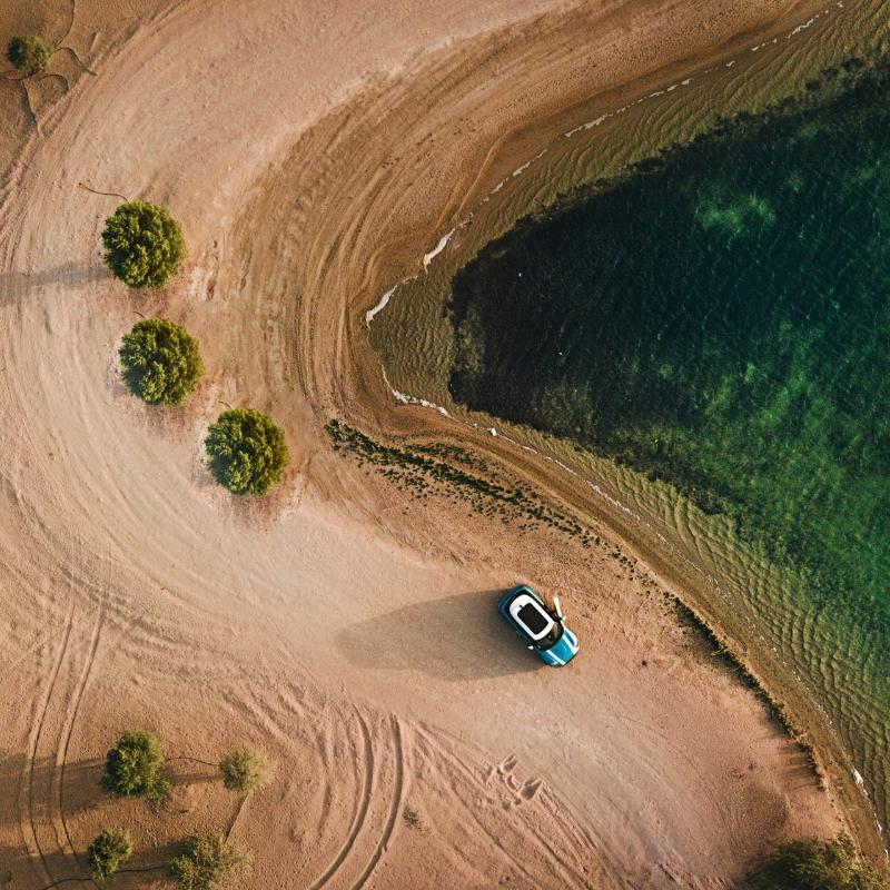 An overhead image of a car on a sandy beach with trees.