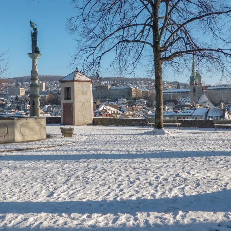 An image of the Hedwig Founatin and Lindenhof Hill with snow on the ground