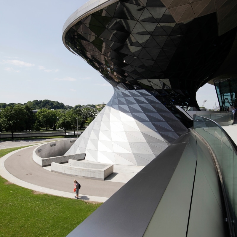 A close up image of the fantastic glass and steel double cone of the BMW Welt