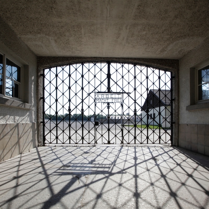 The gates to Dachau Concentration Camp, showing the famous words, Arbiet Macht Frei