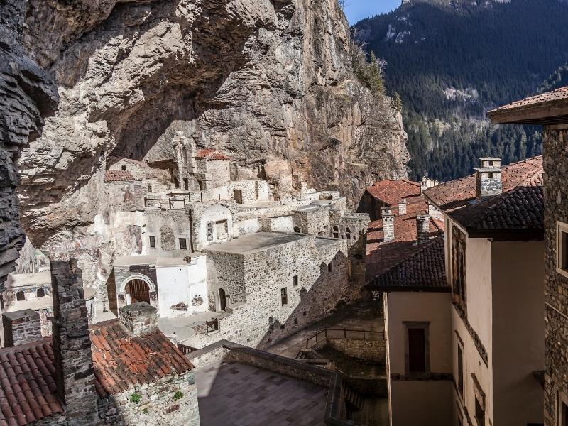 Close up of the houses and caves of Sumela Monastery