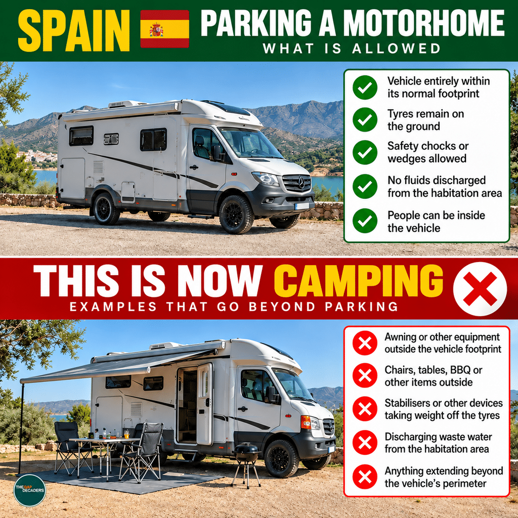 Spain motorhome parking rules infographic showing what is allowed when parked and what counts as camping, including awnings, outdoor furniture and stabilisers.