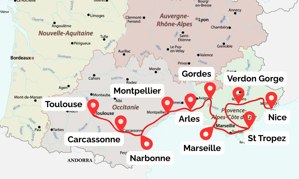 South of France road trip map