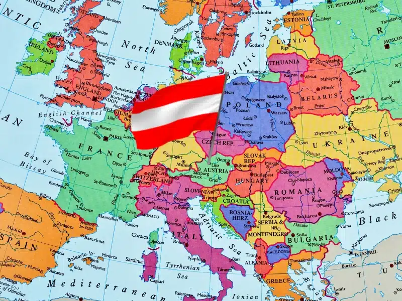 Map of Europe Austria marked with a red and white Austrian flag