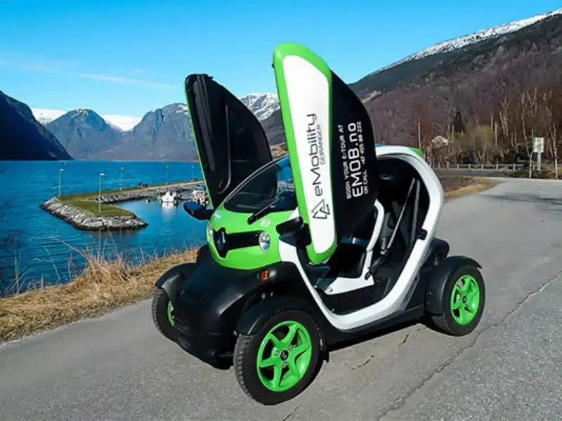 green white a black electric car by a Norwegian fjord