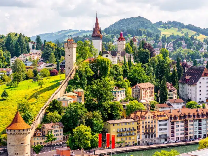 Colourful town with walls and pepperpot towers