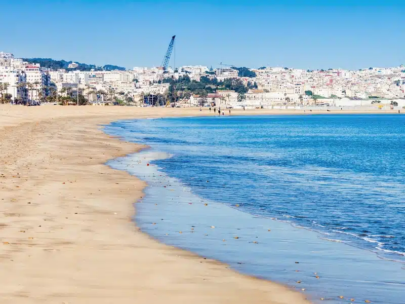 long sandy beach backed by a city full of white low level buildings