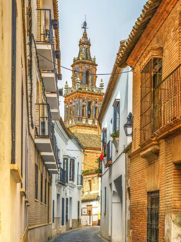 tiled bell tower pictures at the end of a narrow alley of tall buildings