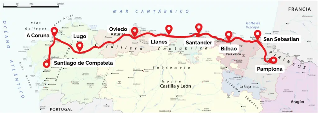 Northern Spain road trip map