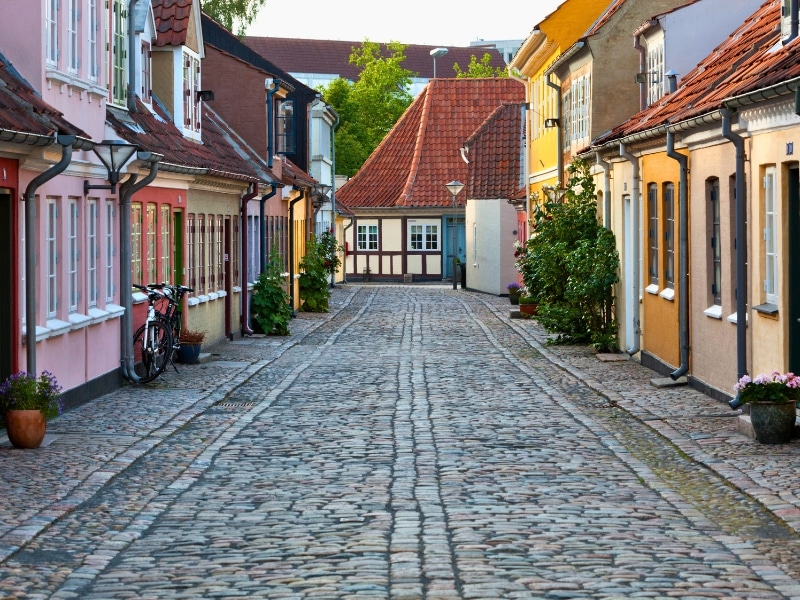 Cobblestone alley lined with colourful single storey houses