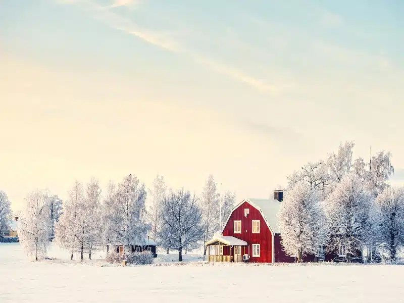 Red barn style house surrounded by trees covered in snow