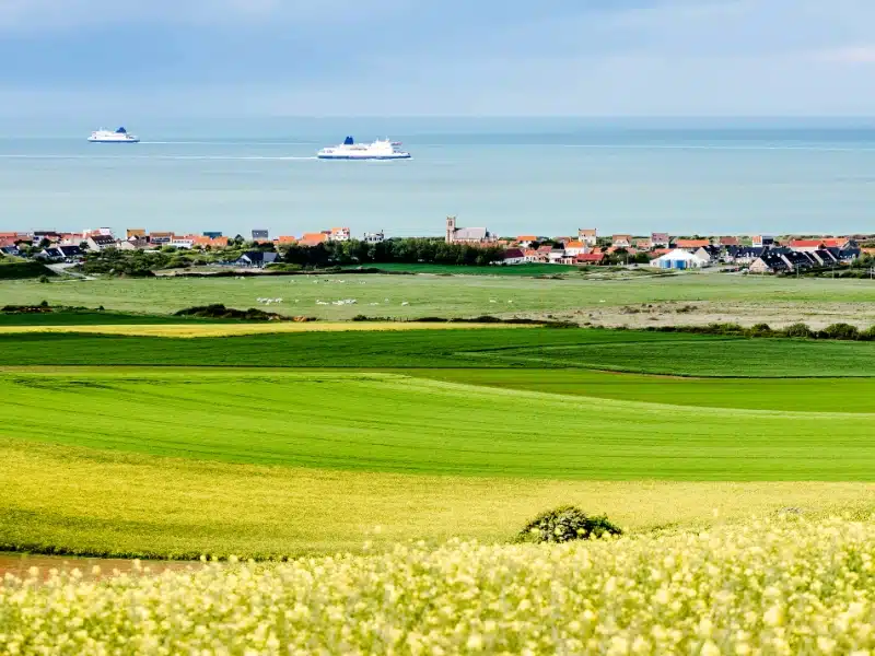two car ferries pass in the English Channel close to the French coast