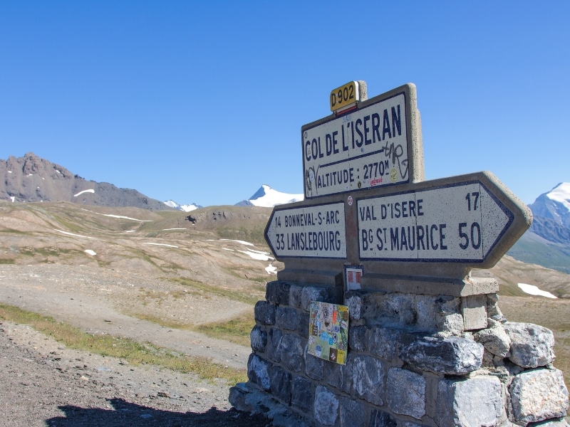 signage at the top of the Col de l'Iseran on the Route des Grandes Alpes