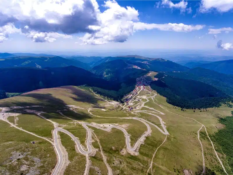 Romanian high alpine road with hairpin bends across mountains