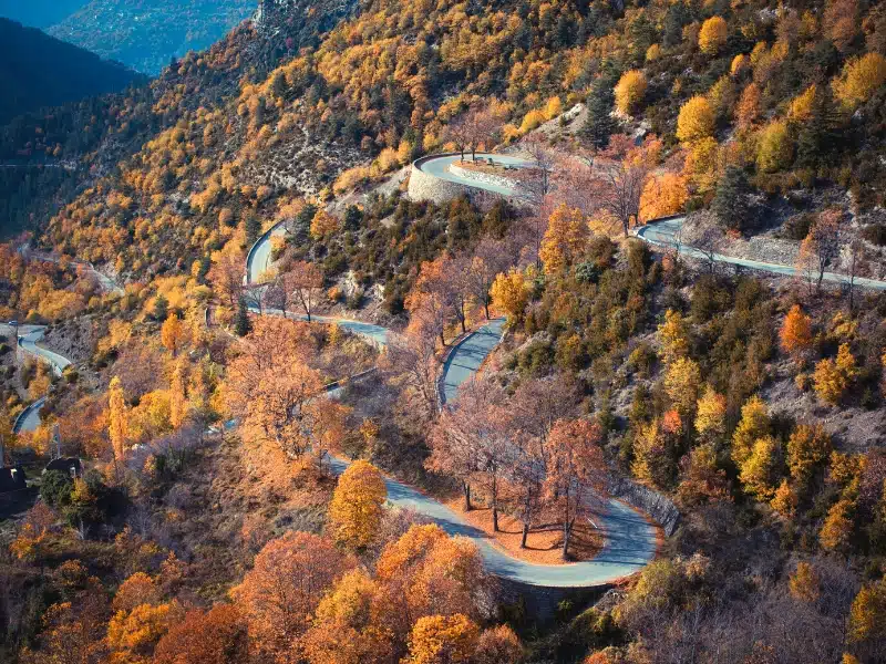 A winding mountain road with hairpins through autumn trees