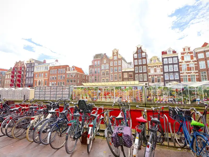 Bicycles parked near the floating flower market in Amsterdam, Netherlands