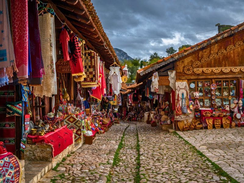 Traditional Ottoman market in Kruja, birth town of National Hero Skanderbeg. Flea market in Albania. Antique items and souvenirs for sale.