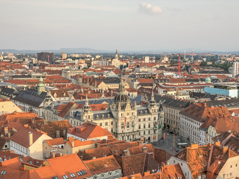 Red roofs of a city skyline