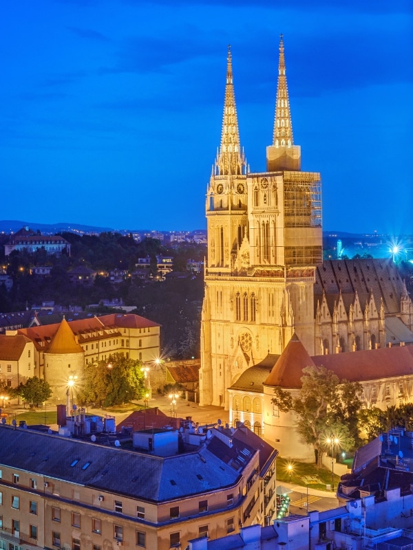 Zagreb cathedral lit up at night