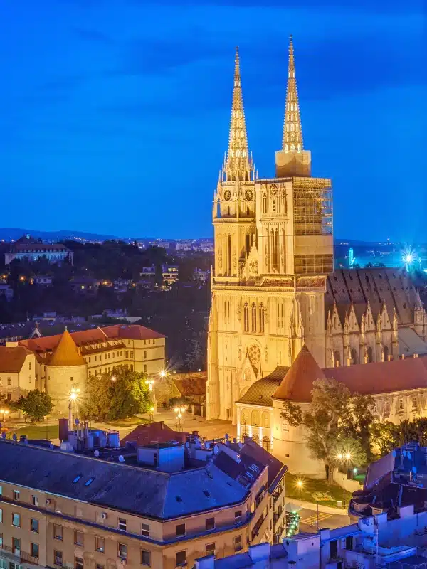 Zagreb cathedral lit up at night