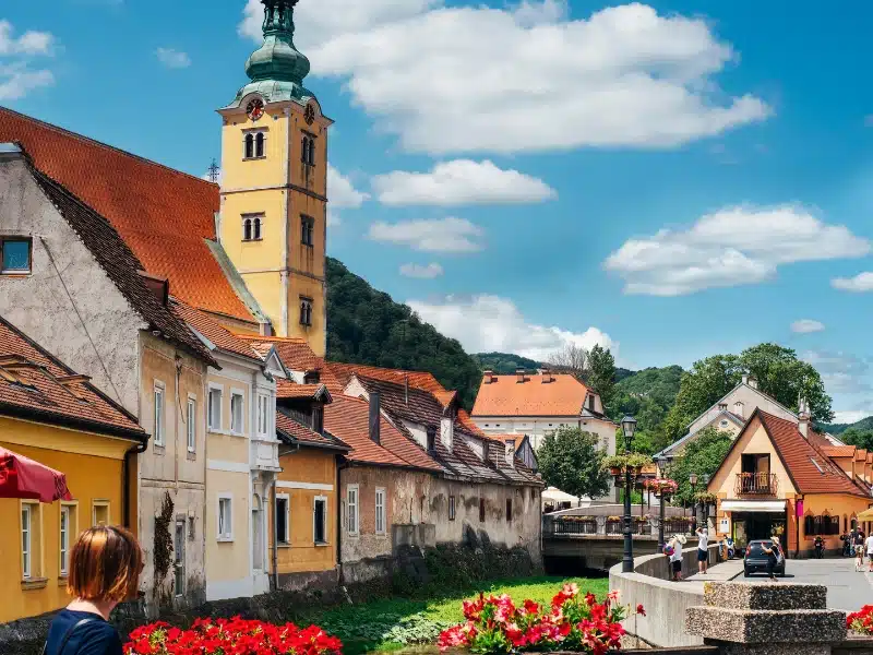 traditional Croatian village with colorful houses and red flowers