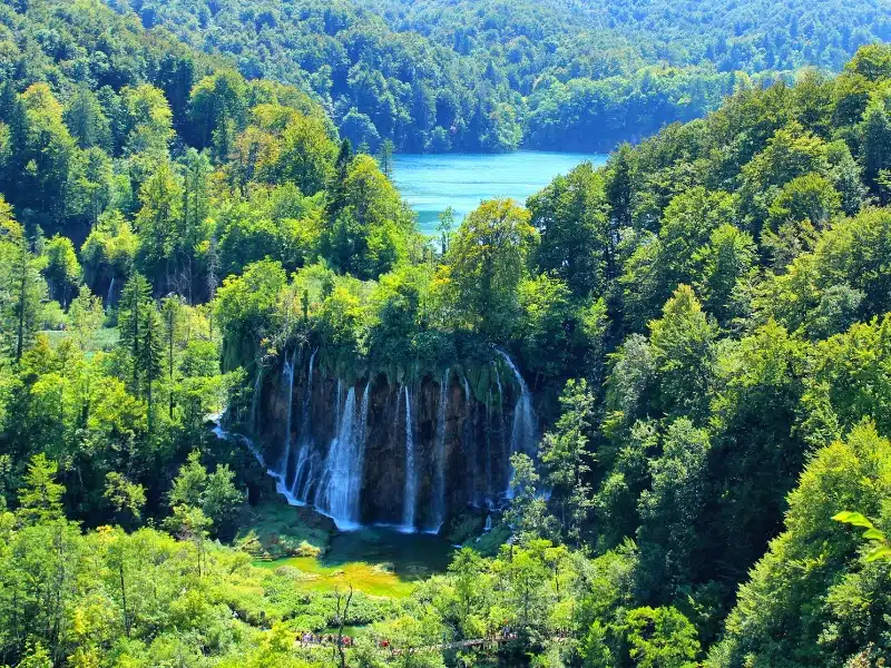 turquoise lakes surrouned by green trees with a waterfall