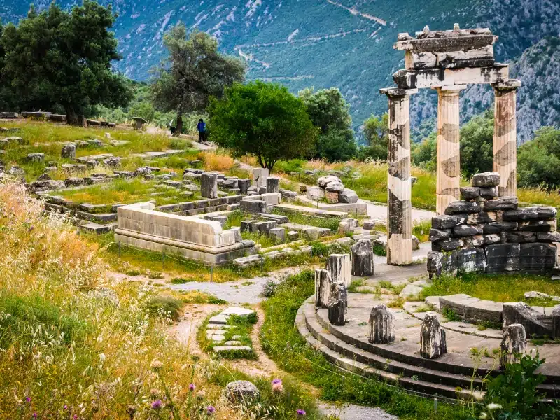 Ancient Greek columns and stones at Delphi