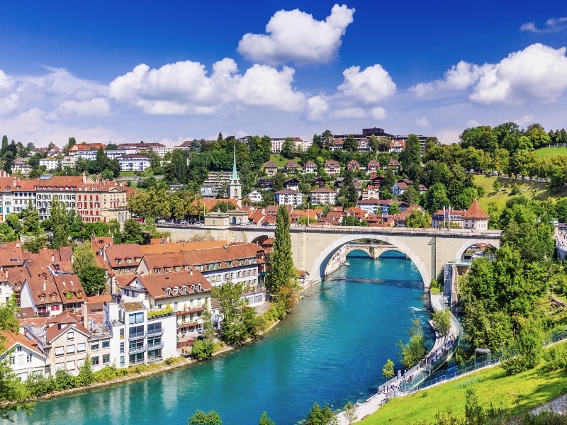 Houses along a large river with an arched bridge