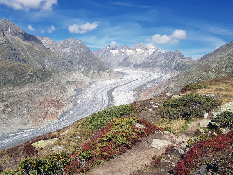 Glacier surrouned by mountains seen from a nearby path