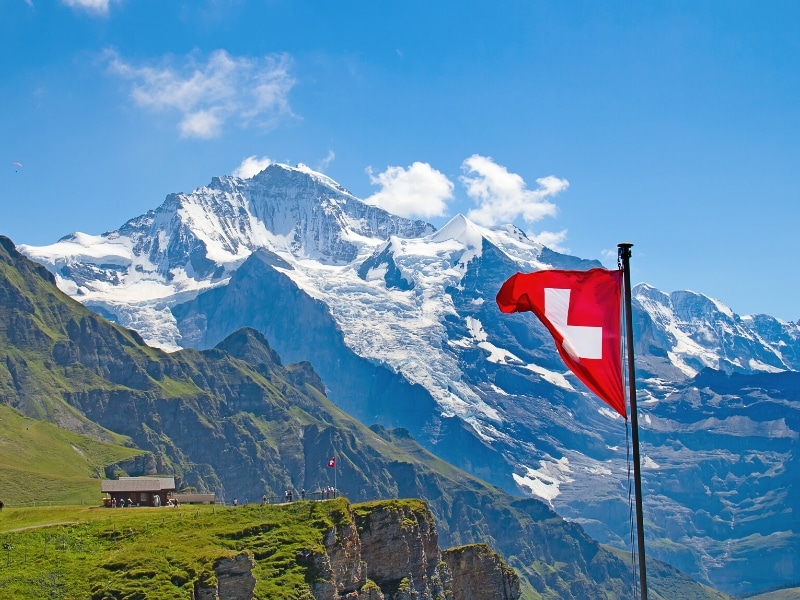 Swiss flag flying by a grassy cliff with snow covered mountains in the background