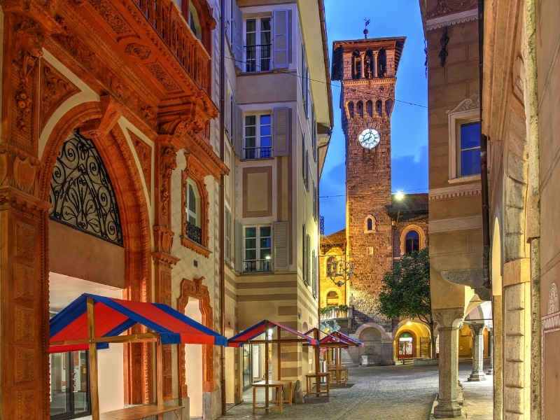 Chruch tower and cobbled streets in Swiss town