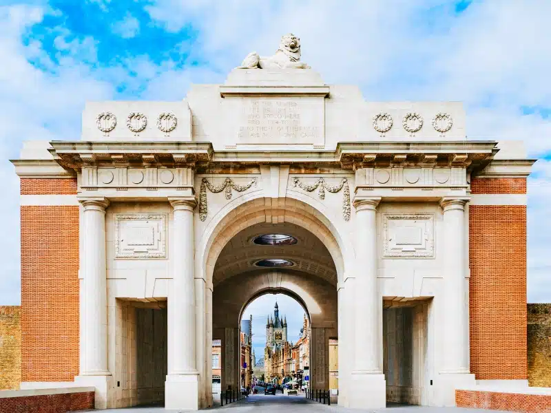 The Menin Gate and the town of Ypres beyond